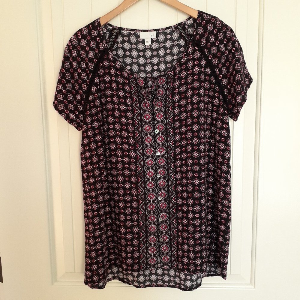 J. Jill Short Sleeve Scoop Neck Button Up Top w/Tie & Crochet Trim Black Size S